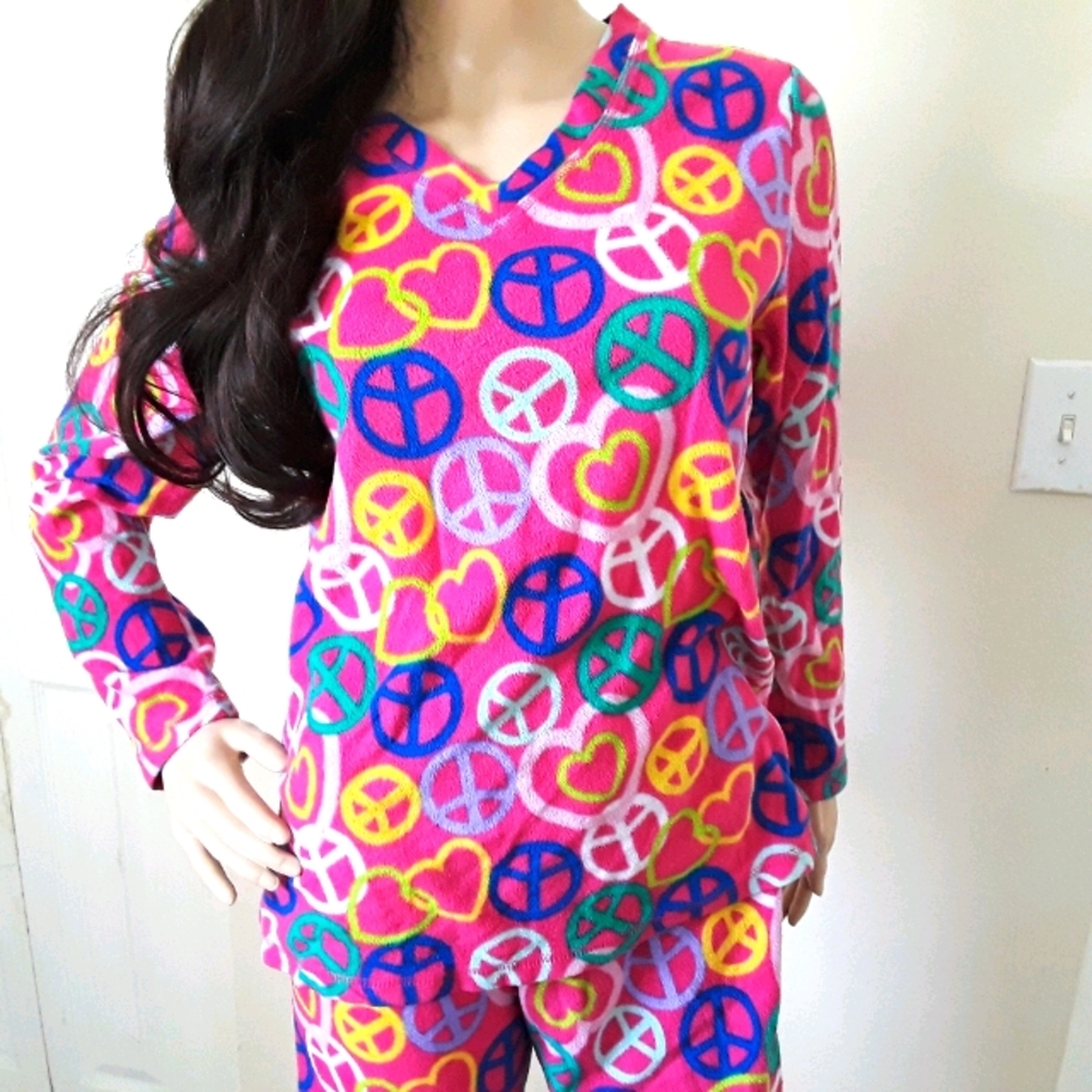 Hot Pink/Multicolor Peace & Love 2 PC Pajamas